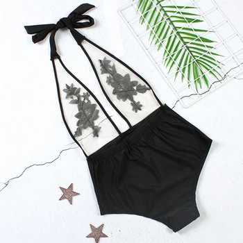  Sexy Transparent Embroidery Floral See Through One Piece Bathing Suit 4