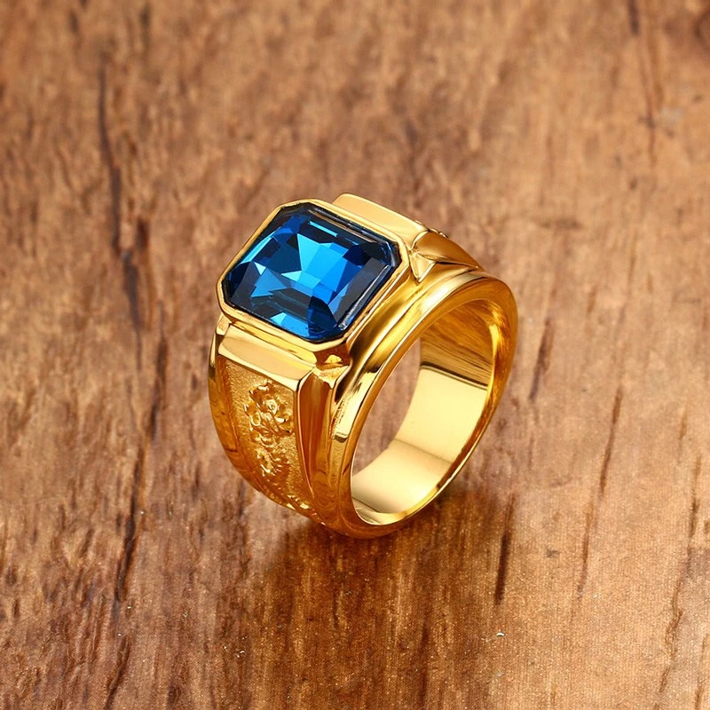 Anillo azul con diamantes de imitación para hombre, con diseño de dragón, color dorado, para boda, joyería de acero inoxidable, masculino|rhinestone ring|ring patternanel masculino -
