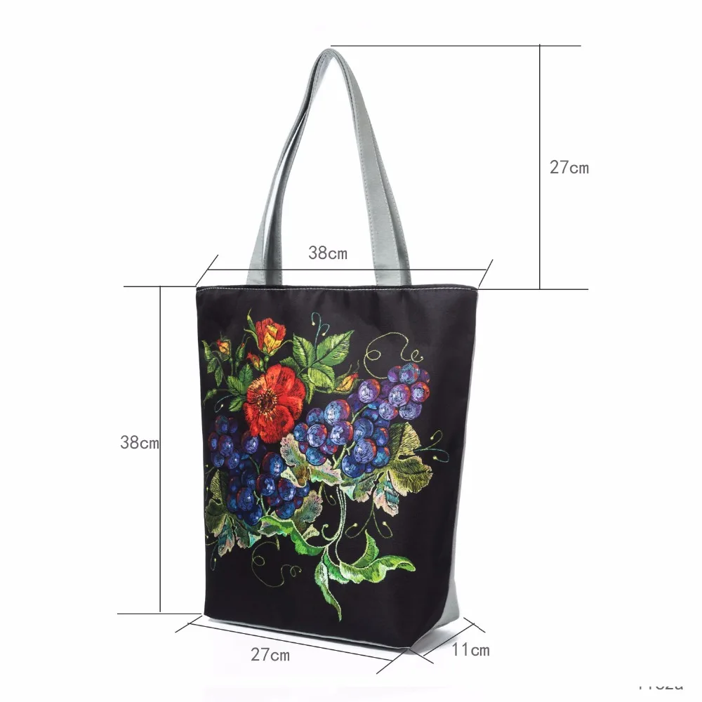  Women Canvas Tote Vintage Flowers Print Beach Bags For Female Grape Design Shopping Handbags Girls  - 32845984809