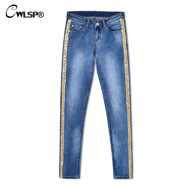 

CWLSP Bling Gold Side Stripe Plus size Feamle Pencil Jeans Woman Full Length denim Jeans Blue Low Waist Pants Skinny Trousers