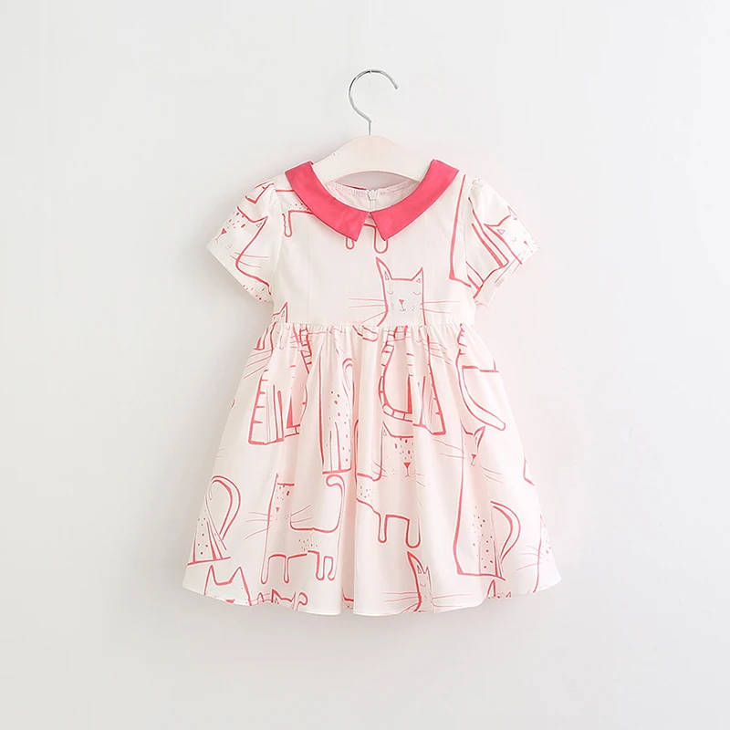 

ideacherry Little Girls New Summer Dress Kids Cute Cat Print Candy Color Doll Collar Cotton Dress Baby Costume Party Dress Wear