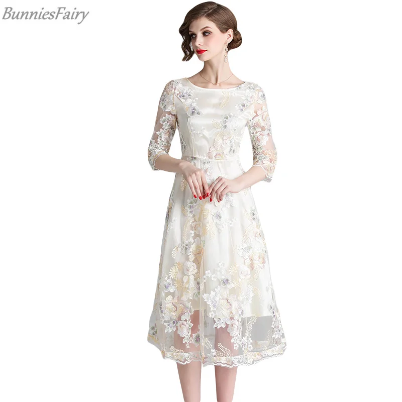 

BunniesFairy 2019 Spring Summer Women Sweet Princess Style Beige Flower Floral Embroidery Mesh Midi Dress Holiday Beach Wear