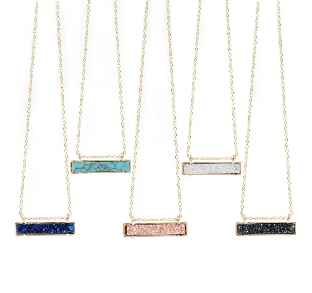 

High Quality Various Color Resin Druzy Vertical Bar Necklace Highly Polished Metal Pendant for Women Christmas Gift