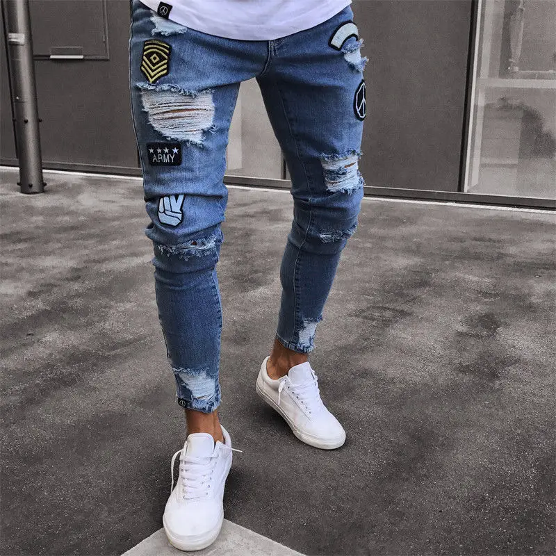 Для мужчин рваные мужские байкерские джинсы брюки с рваными краями и потертостями печати вышивка Slim Fit Denim джинсовые штаны джинсовые брюки