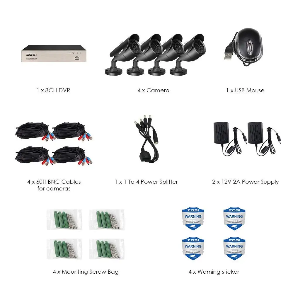  ZOSI 4CH CCTV System 1080p DVR 4PCS 2.0MP IR Weatherproof Outdoor Video Surveillance Home Security  - 32810654147