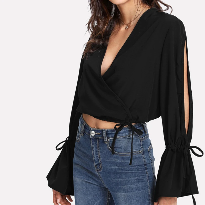 Сексуальная Открытая рубашка с расклешенными рукавами на шнуровке летняя