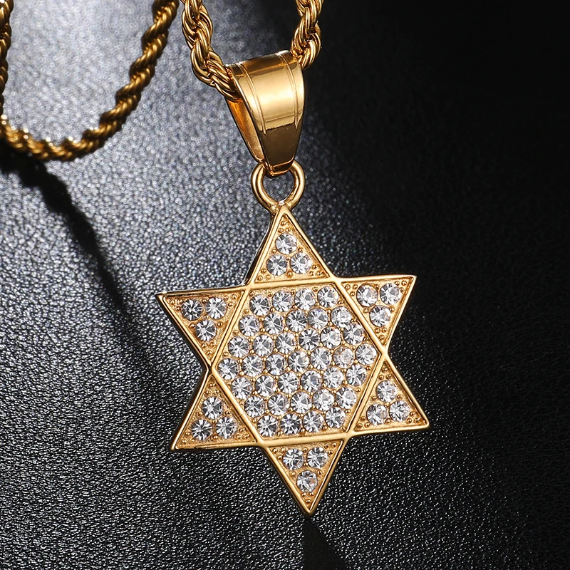 

Full Crystal Star of David Pendant Necklace For Men Women Stainless Steel Judaism Six-star Collar Hombre