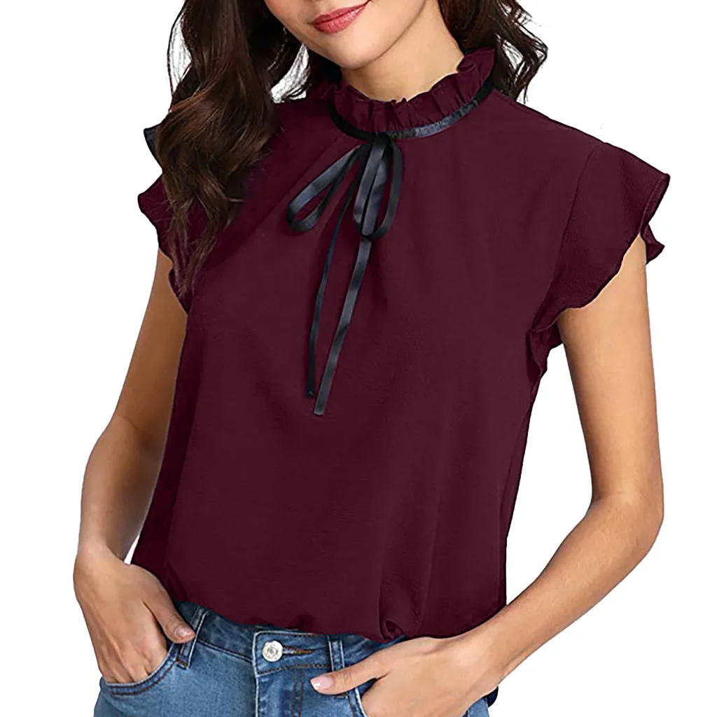 

Shirt Women's Casual Cap Sleeve Bow Tie Shirt Solid Chiffon Blouse Tops 2019 New Arrival chemise femme #25