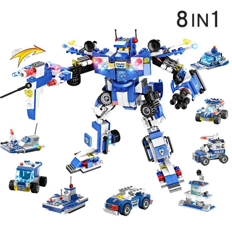 8 In 1 City Police Series SWAT Building Blocks Kids Assembling Weapons Aircraft Car Robot Toy Compatible with Legoed