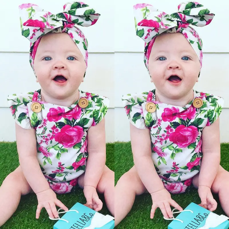 

2pcs Floral Baby Girl Clothes 2018 Summer Ruffles Halter Romper +Headband Outfit Toddler Kids Clothing Set 0-24M