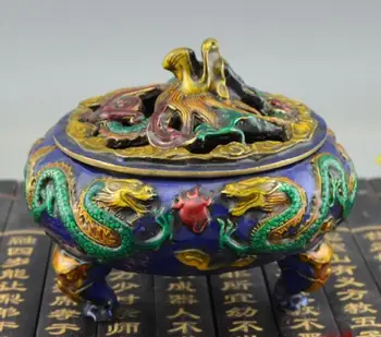 

Chinese pure copper archaize painted cloisonne Five dragon incense burner