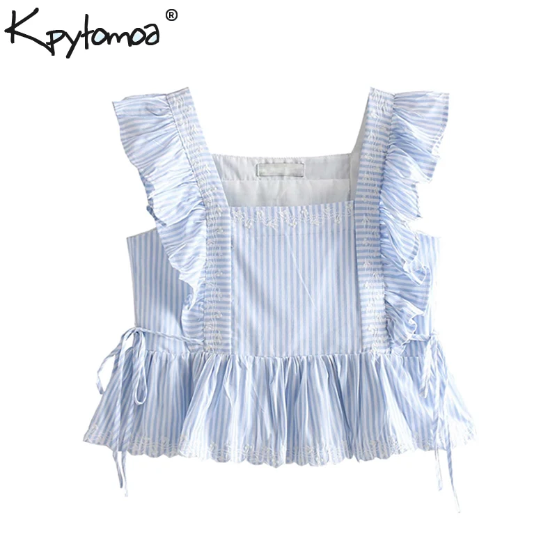 

Vintage Floral Embroidery Ruffles Short Style Tops Women Blouses 2019 Fashion Square Collar Sleeveless Shirts Casual Blusa Mujer