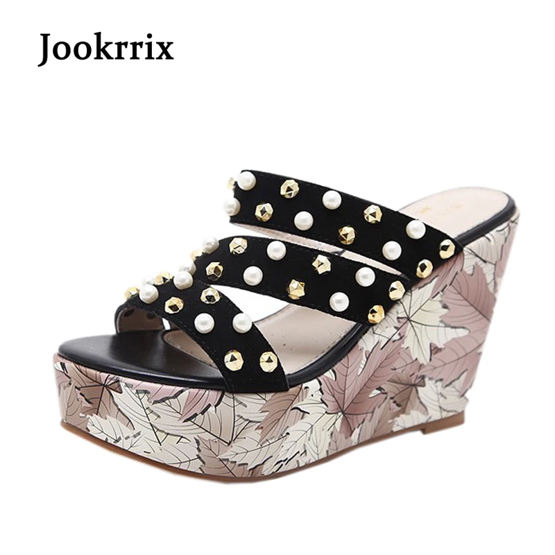 

Jookrrix 2018 Summer Fashion Brand Girl Sandals Real Leather Pearl Platform Shoes Women Casual Wedges Female Slides Lady Soft
