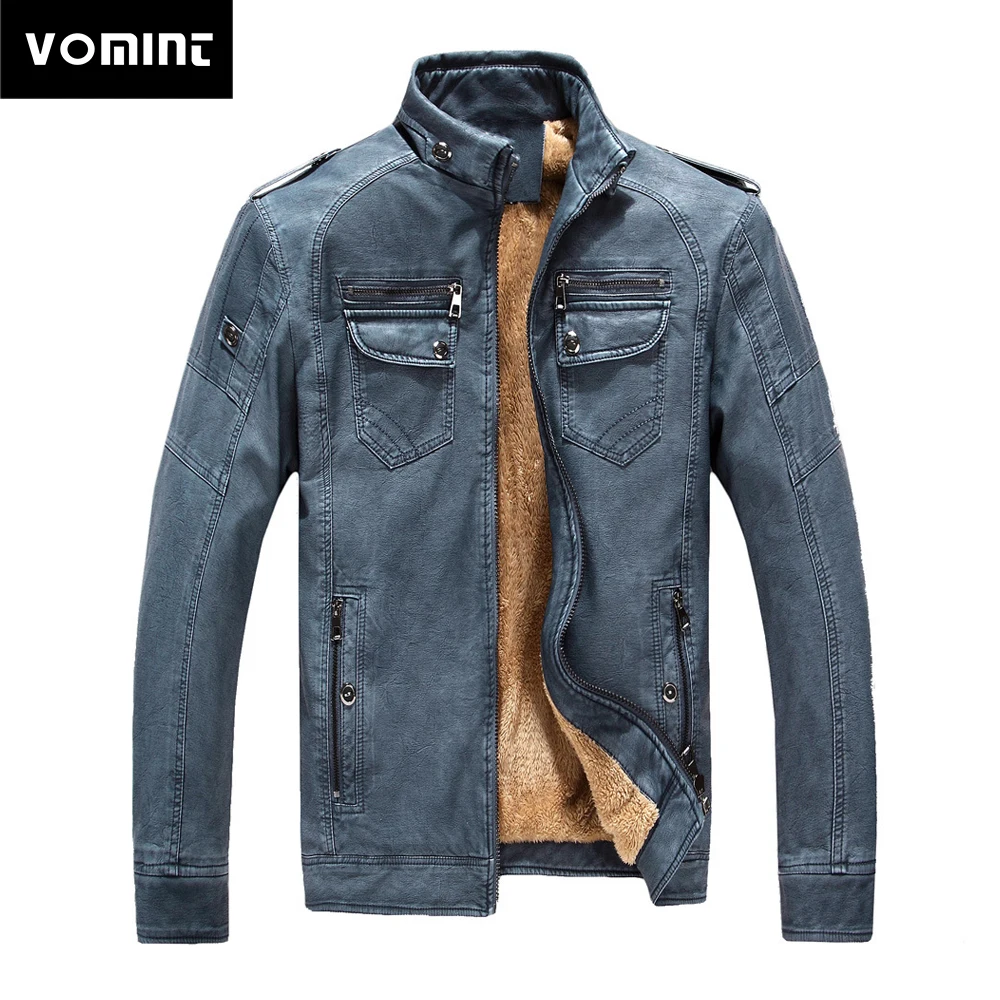

Vomint New Mens PU Faux Fur Jacekt Autumn Winter Coat Flush Water Washed Vintage Leather Coat Motor Bike Jacket 3XL 4XL