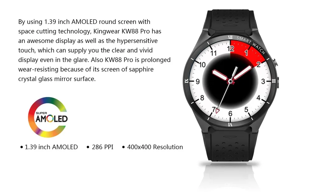 KW88 PRO Smart Watch 1,39 дюймов MTK6580 Android 7,0 gps+ WI-FI+ 1 Гб+ 16 Гб Смарт часы 460 мА/ч, 2,0 мега пикселей, отображающие сердцебиение