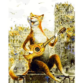 

DIY 5D Diamond Mosaic Cartoon "Cat and guitar" Handmade Round Diamond Painting Cross Stitch Kits Diamond Patterns Gift
