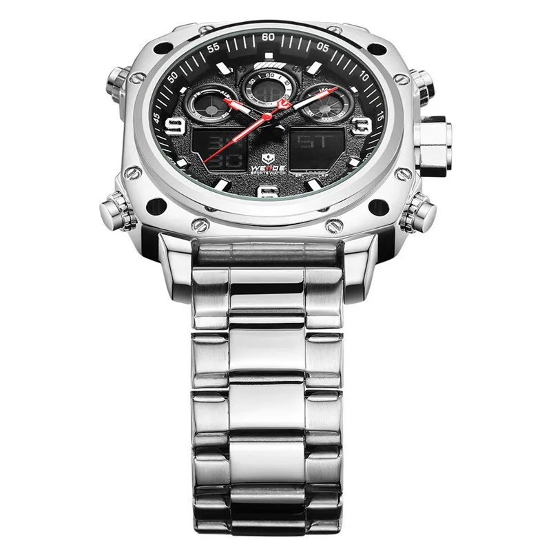 WEIDE Dual Display LCD Backlight Watch Men Stainless Steel Sport Leisure Business Wristwatch Quartz Wristwatches Multifunctional
