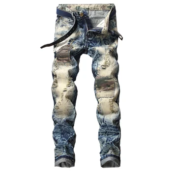 

Brand Designer Men Biker Denim Jeans Motorcycle Camouflage Patchwork Ripped Jeans Pants Male Vintage Blue Cotton Trousers