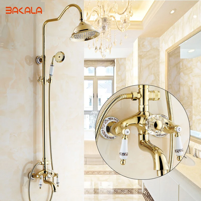 BAKALA Fashion gold plated shower gold shower set Brass faucet with black and white Pattern Decoration porcelain shower