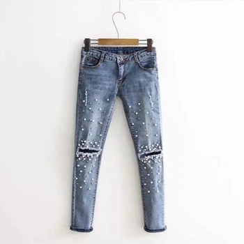 

Fashion Light Blue Scratched Hole Jeans Woman Tight Trousers Pearl Decoration Retro Jeans For Women's Clothing