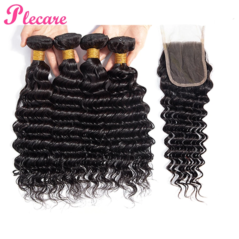 

Plecare Deep Wave Human Hair Bundles With Closure Peruvian 4 Bundles With Closure NonRemy Hair Weave Bundles With Lace Closure