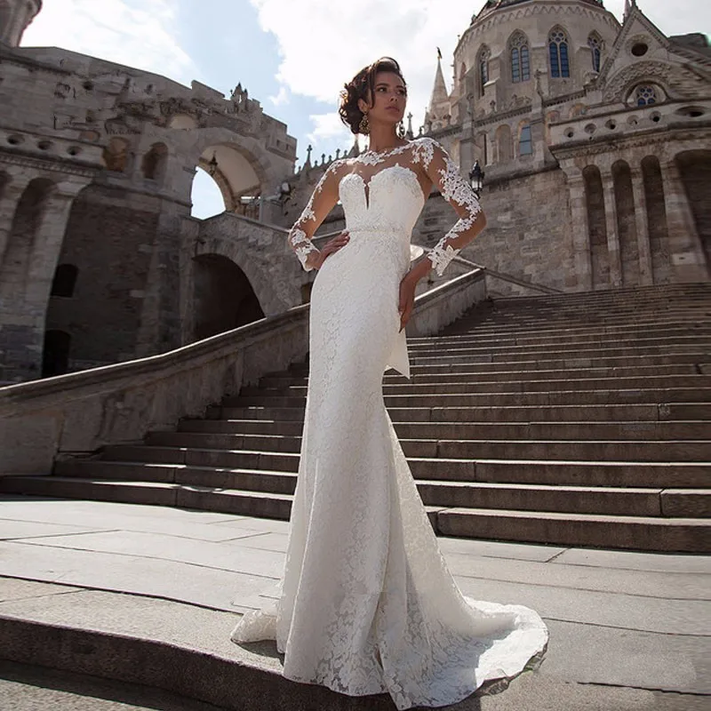 

Vestido de Noiva Sereia Renda Berta Mermaid Wedding Dresses 2016 Long Sleeve Wedding Gowns Lace Bridal Dress Sash Russian Style