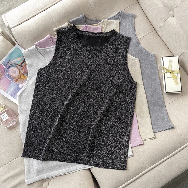 

Women knitted Tank Tops summer glitter sleeveless vest casual basic knit tops shiny o-neck Female Ice Silk new plus size t-shirt