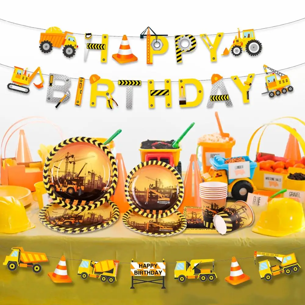 Excavator Vehicle Birthday Balloons Truck Cake Topper Happy Birthday Banner Construction Birthday Party Decor Kids Baby Shower