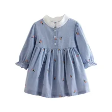 Детское платье с вышивкой г. Весенне-осенние платья в полоску с цветочным узором для маленьких девочек от 2 до 12 лет с длинными рукавами