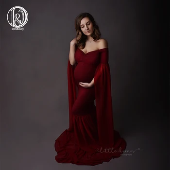 

D&J Fashion Maternity Dress for Photo Shoot Maxi Maternity Gown Long Sleeves Fancy Women Maternity Photography Props Wine Red