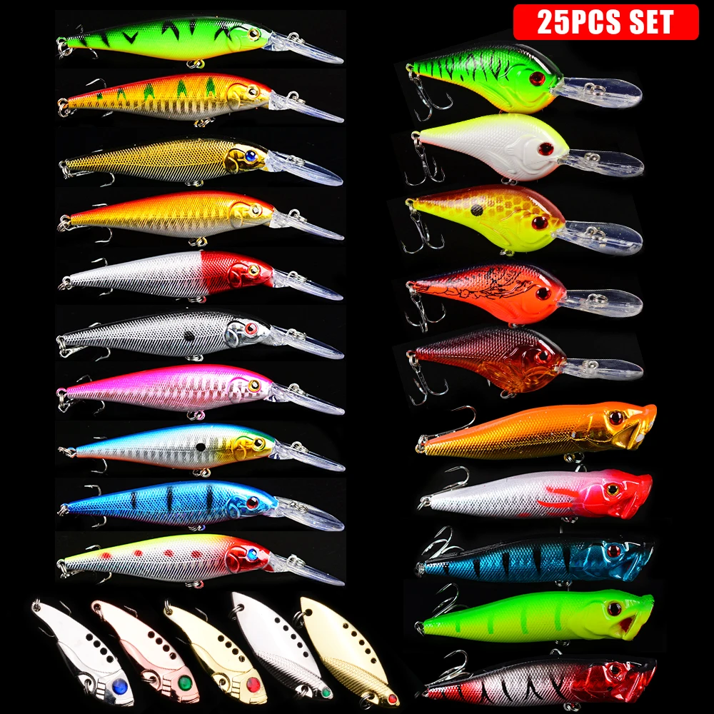 New 25pcs Fishing Lure Mixed 25 Models Fishing Tackle 25 Colors Minnow Crank Popper Spoon Lures