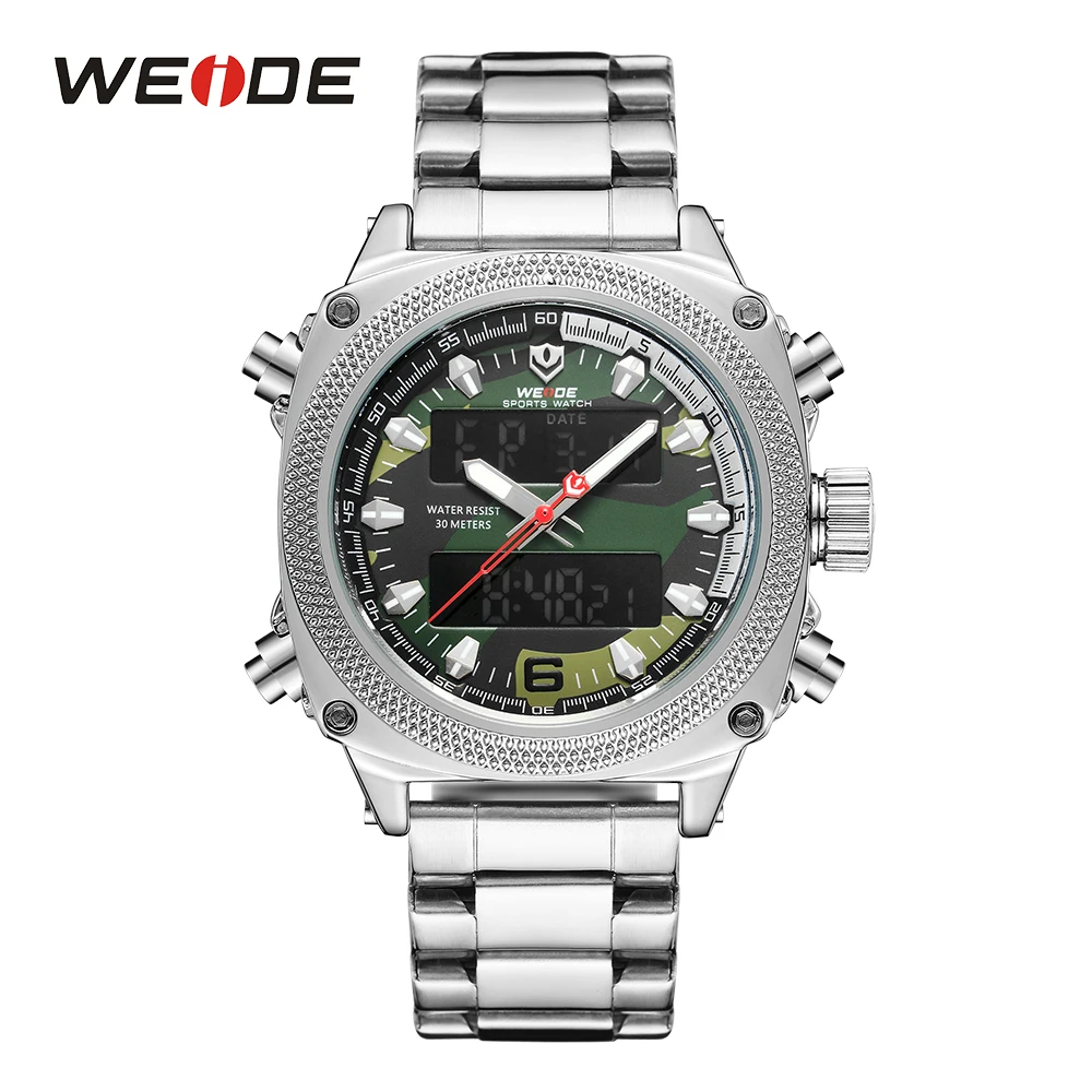 

WEIDE Men Sport Watch Analog Digital Auto Date Silver Stainless Steel Band Military Army Green Watch Clock Relogio Masculino