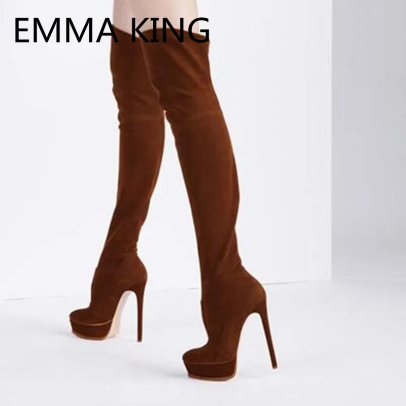 

New Brown Suede Women Over The Knee High Heels Boots Round Toe Sexy Ladies Platform Shoes Woman Runway Thigh High Socks Boots