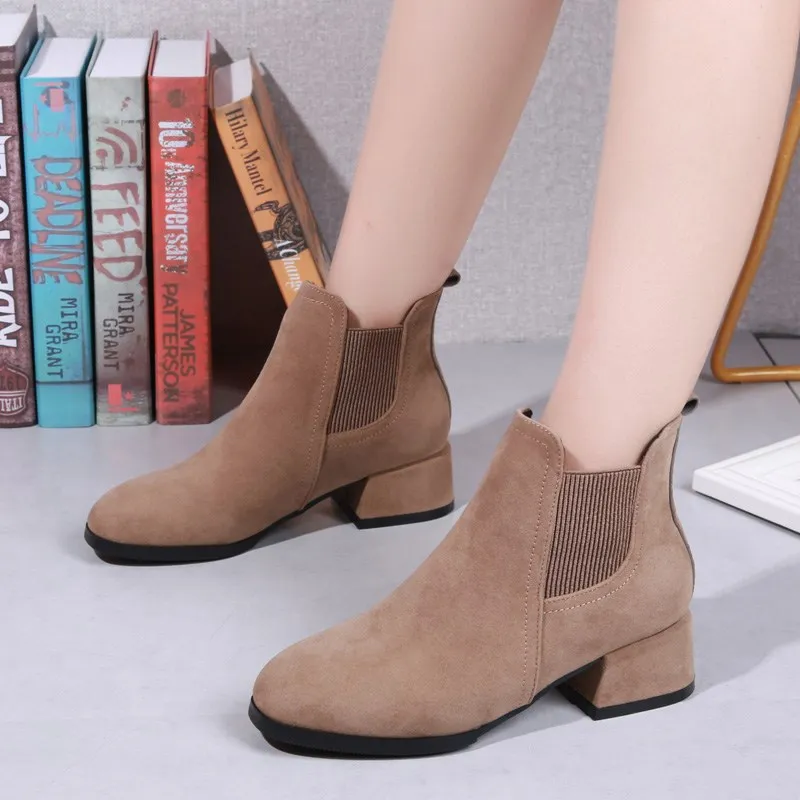 

Classic Spring Summer Women Boots Black Chelsea Ankle Boots Women Shoes Block Heel Slip On Ladies Bota Feminina 4cm High Heels