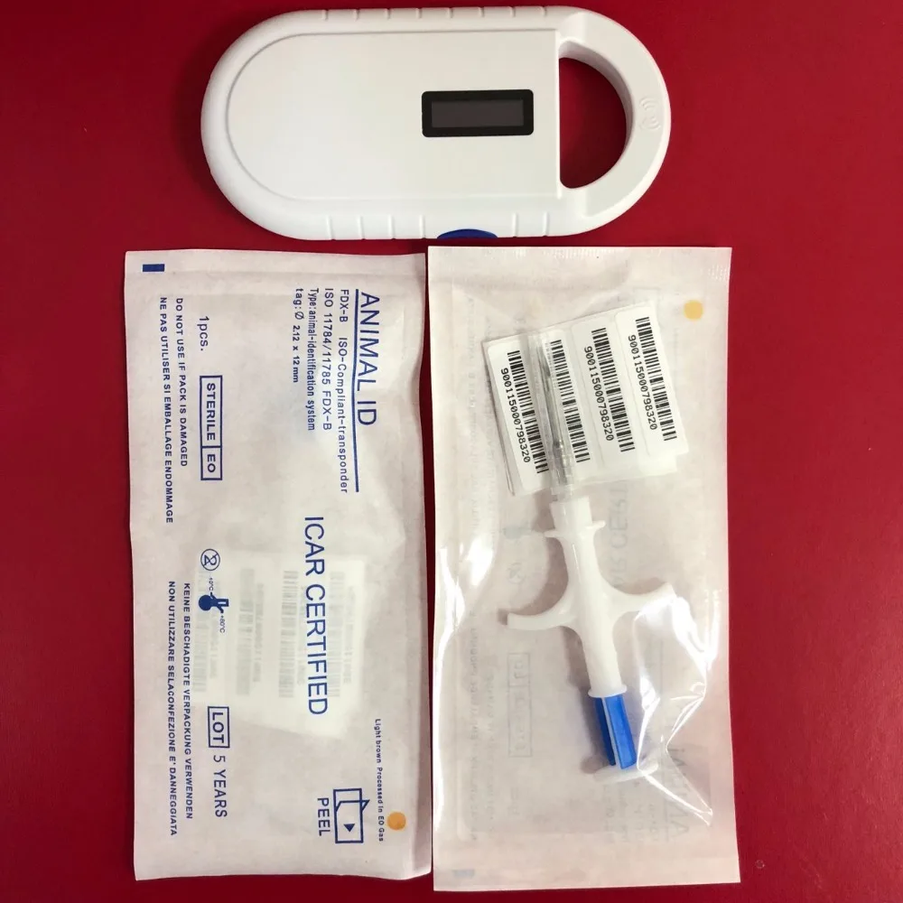 

RFID 134.2Khz ISO FDX-B pet microchip scanner Small Handheld dog microchip reader + 10pcs 2.12*12mm pet microchips with syringe