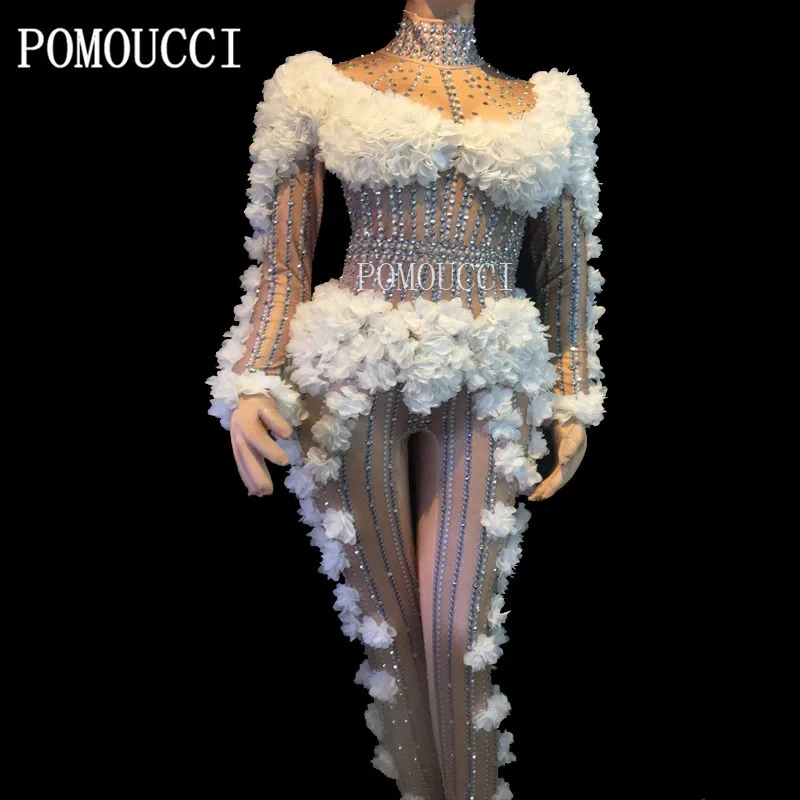 Women's New White Flowers Spandex Big Stretch Rhinestones Sexy Jumpsuit Costume Stage Dance Outfit Performance Rompers | Тематическая