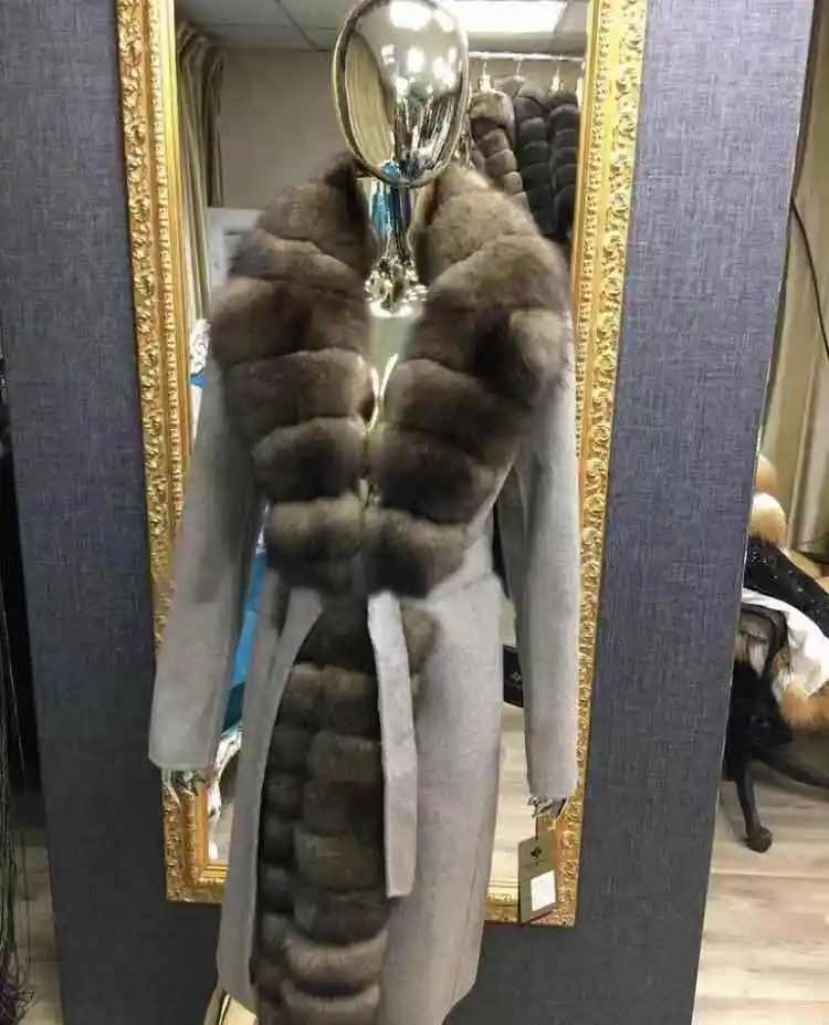 105 см размера плюс кашемировое пальто с воротником из натурального Лисьего меха, шерсть, зимний плащ из натурального меха, женская одежда, верхняя одежда из натурального меха - Цвет: double collar