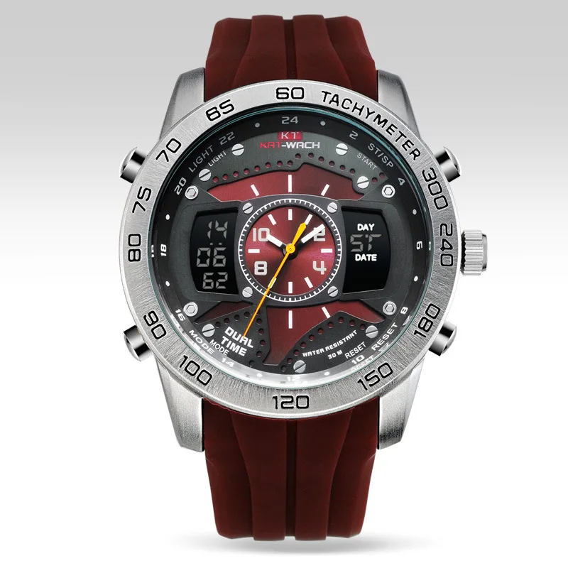 

KAT-WACH Chronograph LED Sports Watch Red Dial Durable Waterproof Rubber Strap Relogio
