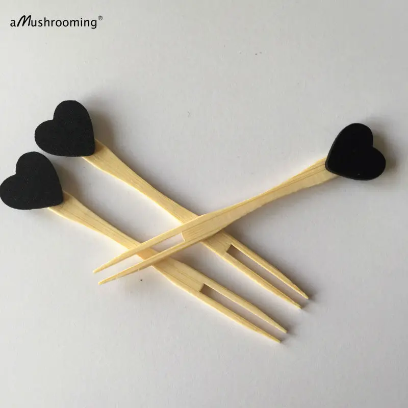 25 Pcs Wood Black Heart Birthday Party Cupcake Food Picks Bamboo