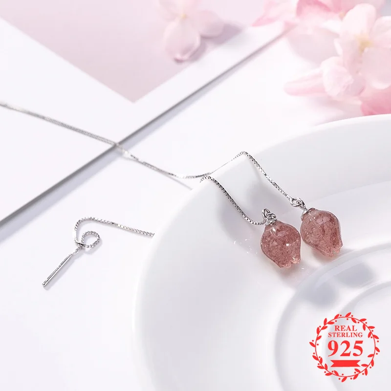 

NOT FAKE S925 Fine Jewelry Earrings 925 Sterling Silver Women Natural Exquisite Strawberry Quartz pink lily