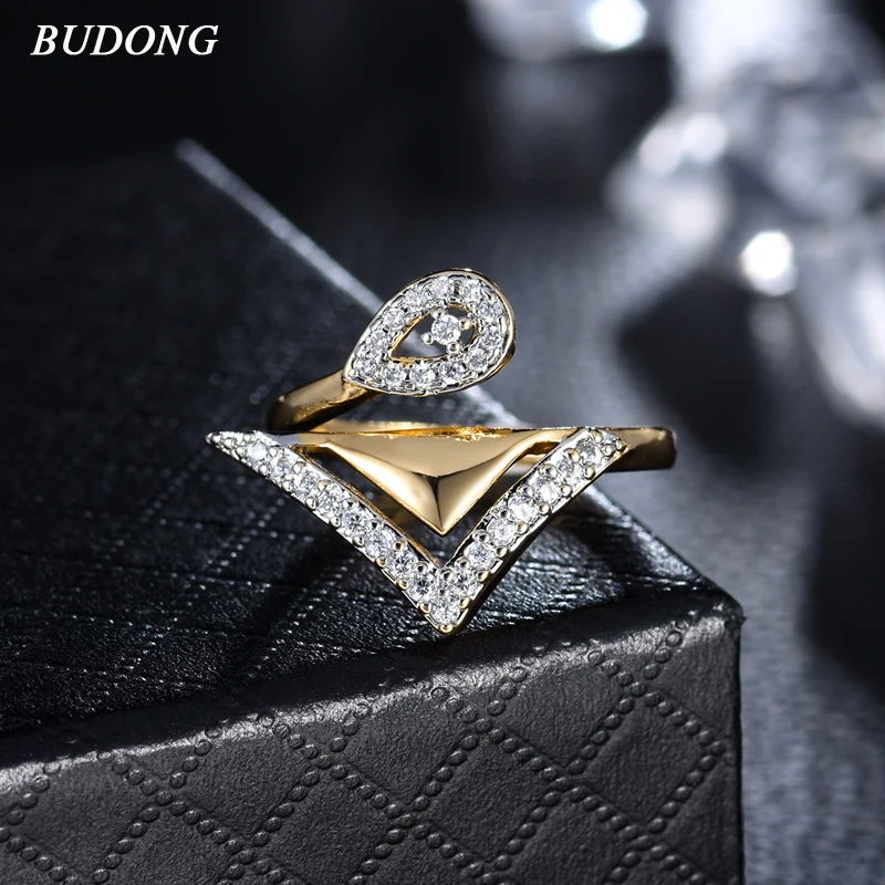 

BUDONG Vintage Charm High quality gold Color Open Rings Brand designer lady wedding Crystal Zircon Ring jewelry for women XUR687