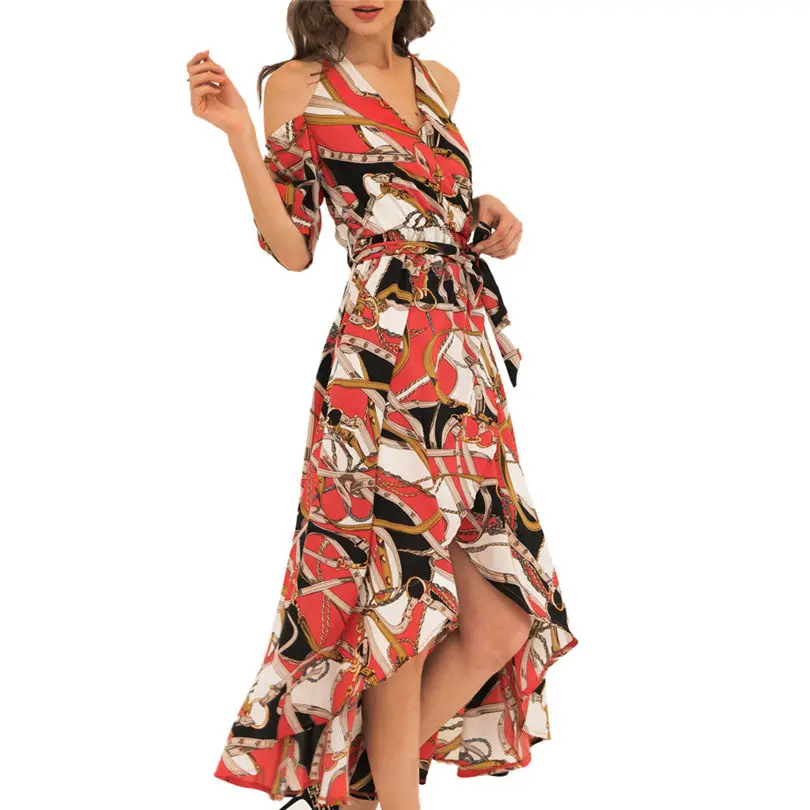  New Fashion Women Summer Lady Elegant Sexy Neck-Tied Bohemian Holiday Dress Chain Flower Casual Daily Beach Long Dress #4F09 (6)