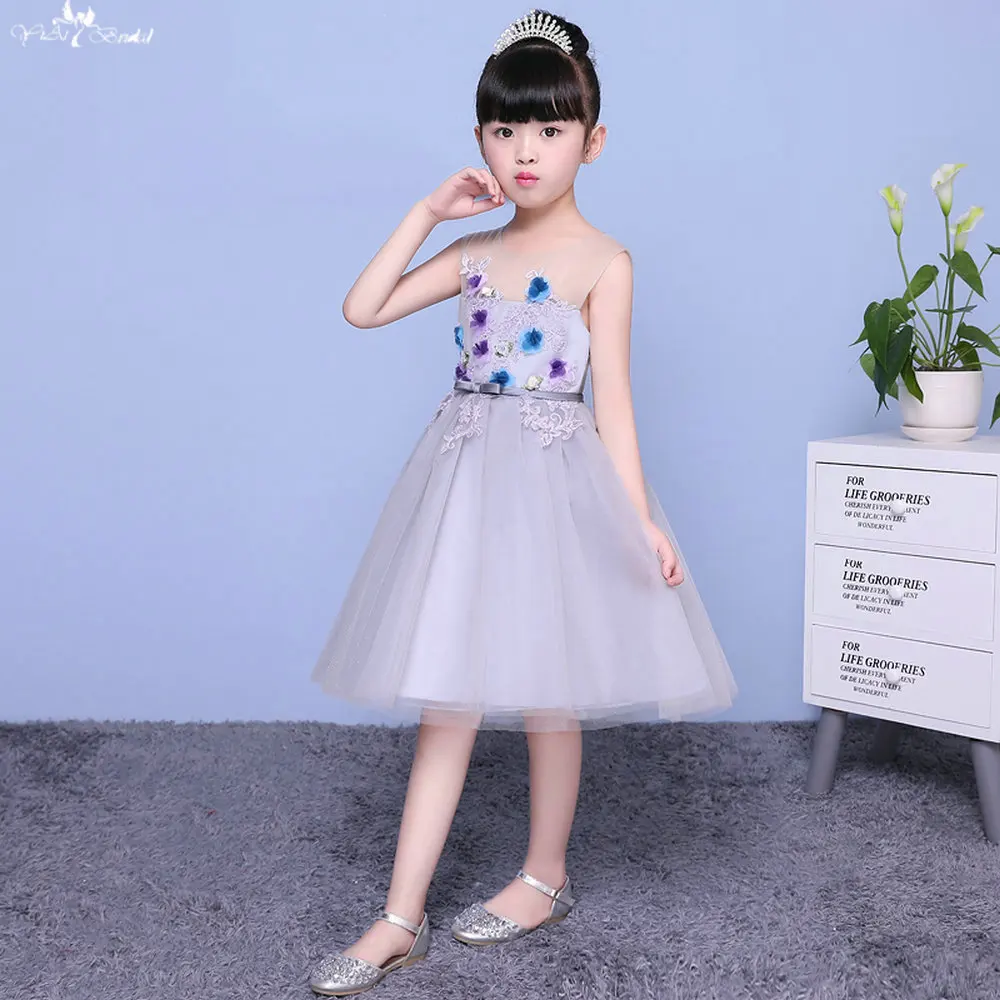 Lzc002 лук аппликация 3D платье с цветочным узором для девочек без рукавов Иллюзия Платья для девочек на свадьбу