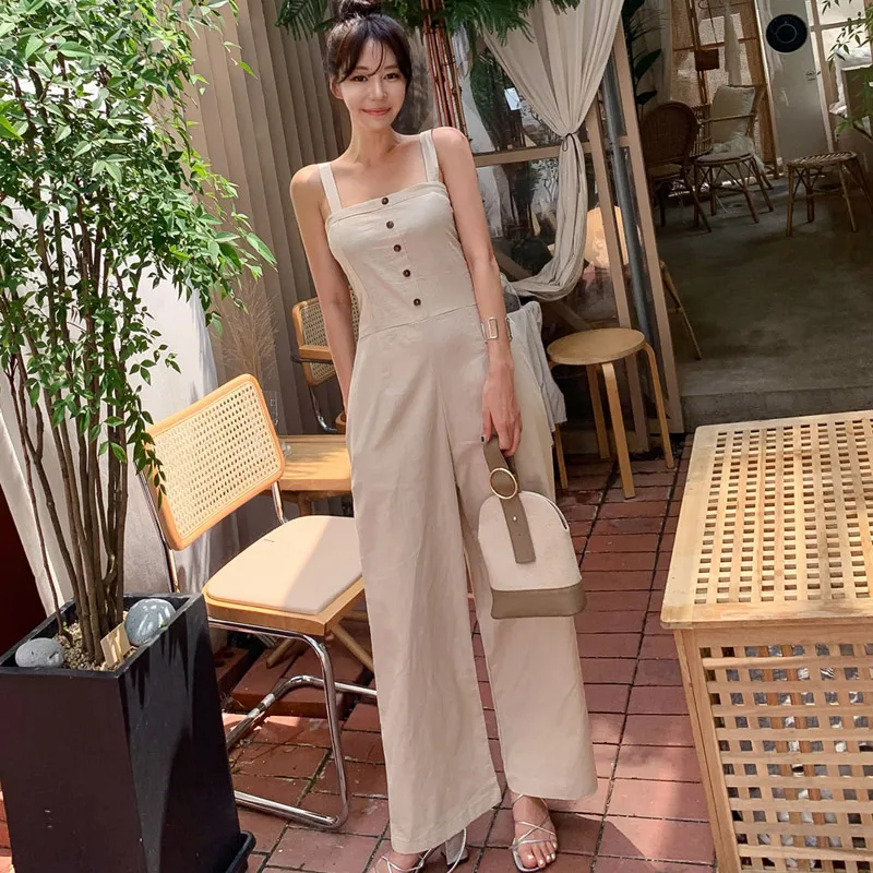 

Elegant Overalls for female Jumpsuit Summer Solid linen Jumpsuits For Women 2019 Sleeveless Mid Waist Workwear Maxi Jumpsuit