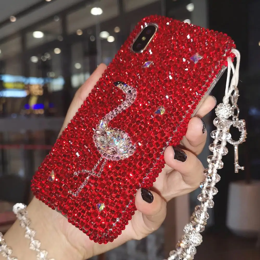 

For iPhone XS max XR X Luxury flamingo Shell Case bling diamond cute Cover for iPhone 8 8plus 7 7plus 6 6S 6SPlus +bling strap
