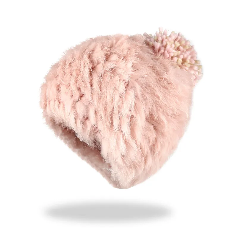 Xthree модная зимняя женская шапка из кроличьего меха, шапка для девочки с вязаным помпоном, двухслойная вязаная шапка - Цвет: Розовый