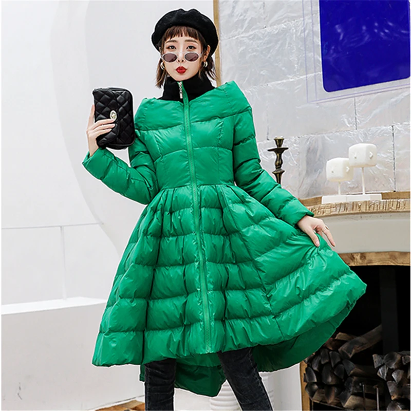 

2019 New Winter Skirt Style Down Jacket Women One word collar Korean Slim Fluffy Down Cotton Luxury Long cloak Warm jackets coat