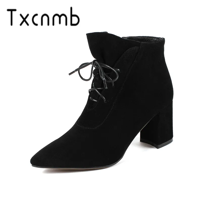 

TXCNMB 2019 Autumn Women Cow Suede Leather Chelsea Boots Thick High Heels Ankle Booties Fashion Handmade Ladies Shoes Woman