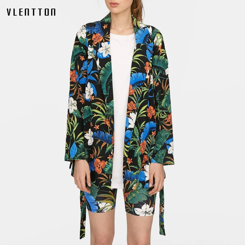 

Vintage Floral Print Women's Jacket Suit Coat Sashes Long sleeve Office Blazers Women Thin Outerwear Female casaco feminine Tops
