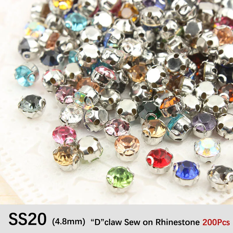 

New sale Sew on Rhinestone Mix color SS20 K silver claw Rhinestones 200Pcs for Garment ornament free shipping